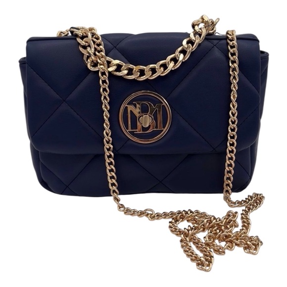 Badgley Mischka Elegant Navy Blue Quilted Bag with Gold Chain